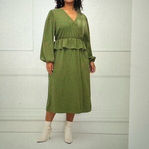 Eloqii Elements Women’s Plus’s Size Mixed Print MIDI Dress with Peplum